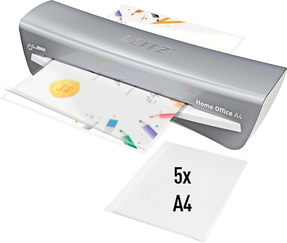 Leitz iLAM A4 Laminiergerät, Aufwärmzeit 2 Min, 75-125 Mic, Smart LED, Anti-Stau, Auto-Abschaltung, inkl. Laminierfolien, Silber/Weiß