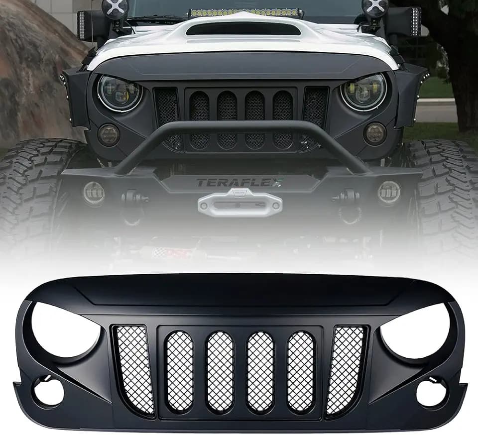 Front Grill w/Mesh Matte Black Grille Compatible with 07-18 Jeep JK JKU