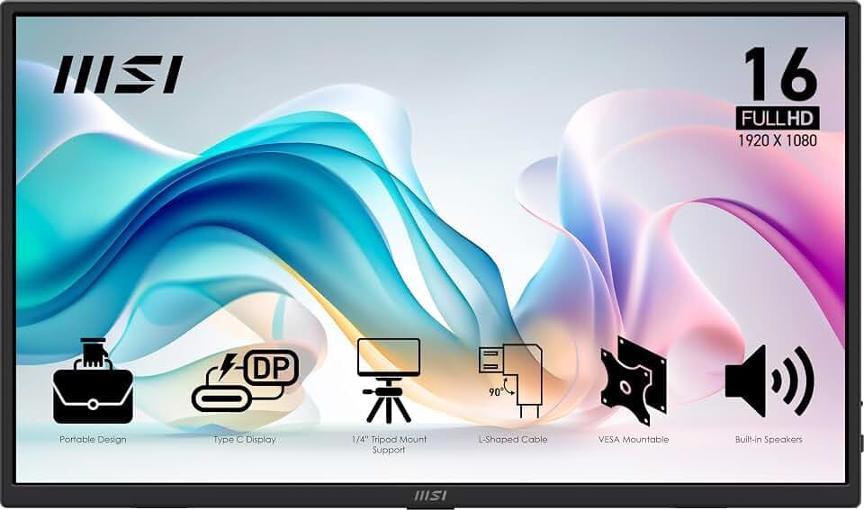 msi Pro MP165 E6 Ultra Slim & Light Portable Monitor,15.6" FHD IPS 1080p, USB Type-C, HDMI, Built-in Speakers, Tripod Mount Support, Perfect for PC, Mac, PS5, PS4, Xbox, Mobile, Metal Gray