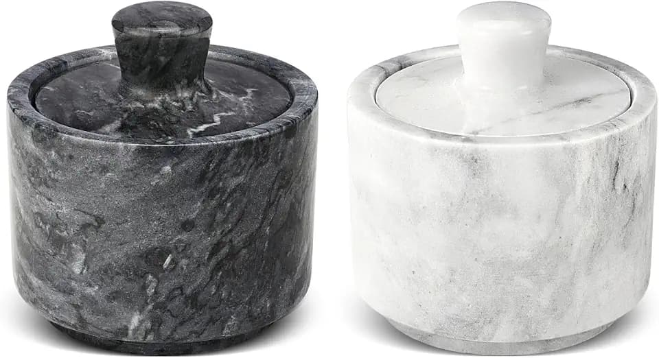 Flexzion Salzkeller aus Marmor mit Deckel – Salz- und Pfefferschalen Geschirrbehälter für die Küche – Marmor, Pfeffer, Aufbewahrungsboxhalter für Paprika, Kräuter, Zucker, Schmuck und Uhren (2