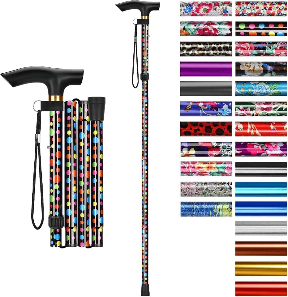 supregear Folding Cane, 5-Level Adjustable Height Walking Stick Lightweight Collapsible Portable Travel Cane with Wrist Strap and T Handle for Elderly Disabled Men Women