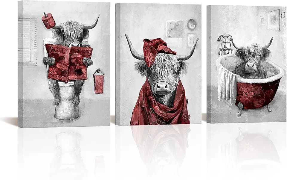 sechars Red and Grey Bathroom Decor Funny Highland Cow Wall Art