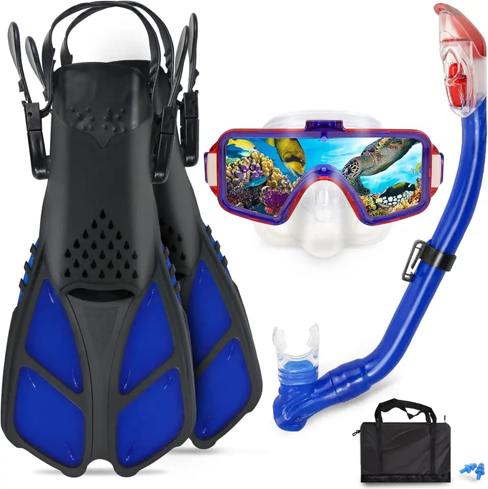 Kids Snorkeling Set - Adjustable Flippers + Panoramic Snorkel Mask + Dry Snorkel Tube + Travel Bags - Suitable for Kids & Juniors, Age 5-14