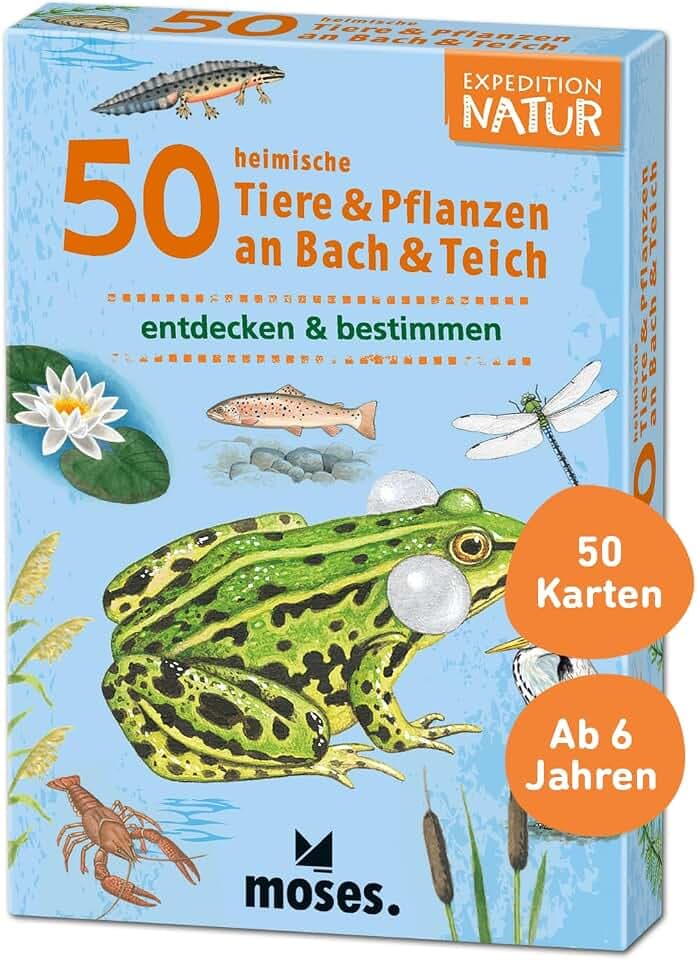 Moses 9761 Expedition Natur - 50 heimische Tiere und Pflanzen an Bach und Teich| Bestimmungskarten im Set | Mit spannenden Quizfragen, White