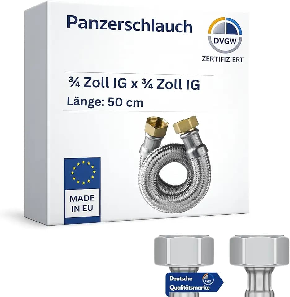 DVGW gep. Panzerschlauch 3/4 Zoll DN20 DN19 Edelstahl Flexschlauch Wasseranschluss Heizung Enthärtungsanlage mit Edelstahlumflechtung | 50 cm Überwurfmutter x Überwurfmutter