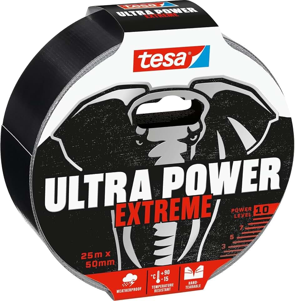 tesa 56623 Ultra Power Extreme Repairing Tape-Reparaturband mit extra starkem Halt auch auf Rauen Oberflächen-wetterbeständig und handeinreißbar-25, schwarz, 25 m x 50 mm