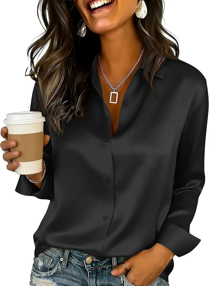 CBOO Women Elegant Satin Blouses Shirts, Soft Silk Shirts Top, Satin Button Down Shirts, Office Long Sleeve Blouse Shirt