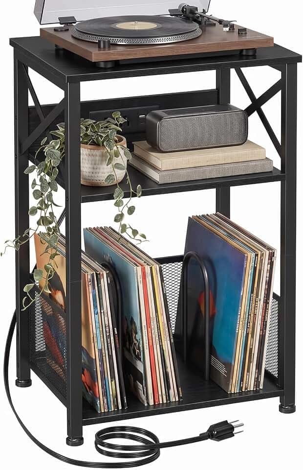 AMHANCIBLE Record Player Stand with Charging Station, Vinyl Record Storage