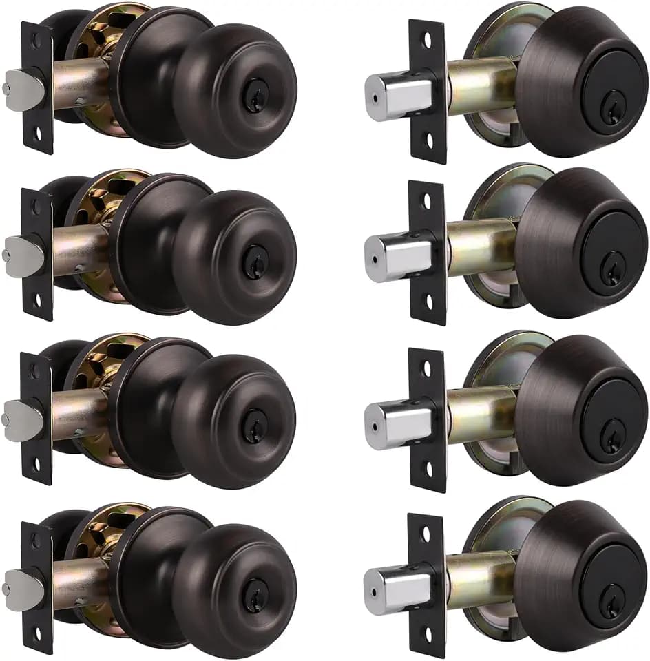 Probrico Keyed Alike Entry Door Knob and Single Cylinder Deadbolt Lockset, Front Door Knob with Key and Deadbolt, Oil Rubbed Bronze, 4 Pack