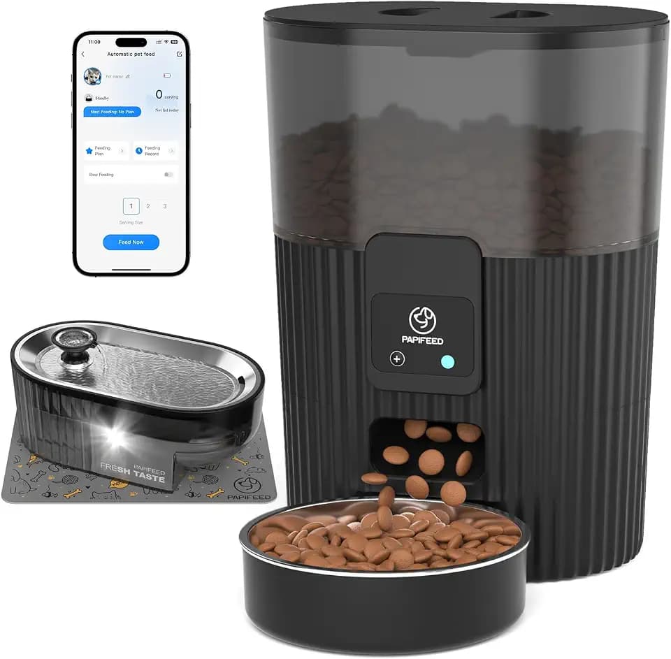 PAPIFEED Automatic Cat Feeder and Water Fountain Stainless Steel, Auto Cat Food & Water Dispenser, Quiet Pet Drinking Fountain with LED, Timed Cat Feeder with App, 10 Meals/Day, Smart Cat Feeder Set