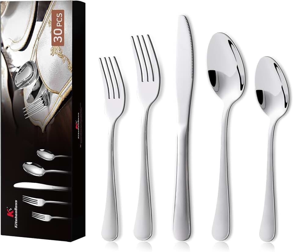 KitchenBoss Besteck Set 6 Personen Cutlery Set Edelstahl Besteckset 30 Teilig Besteck, Poliert und Rostfrei Spülmaschinenfest Silber