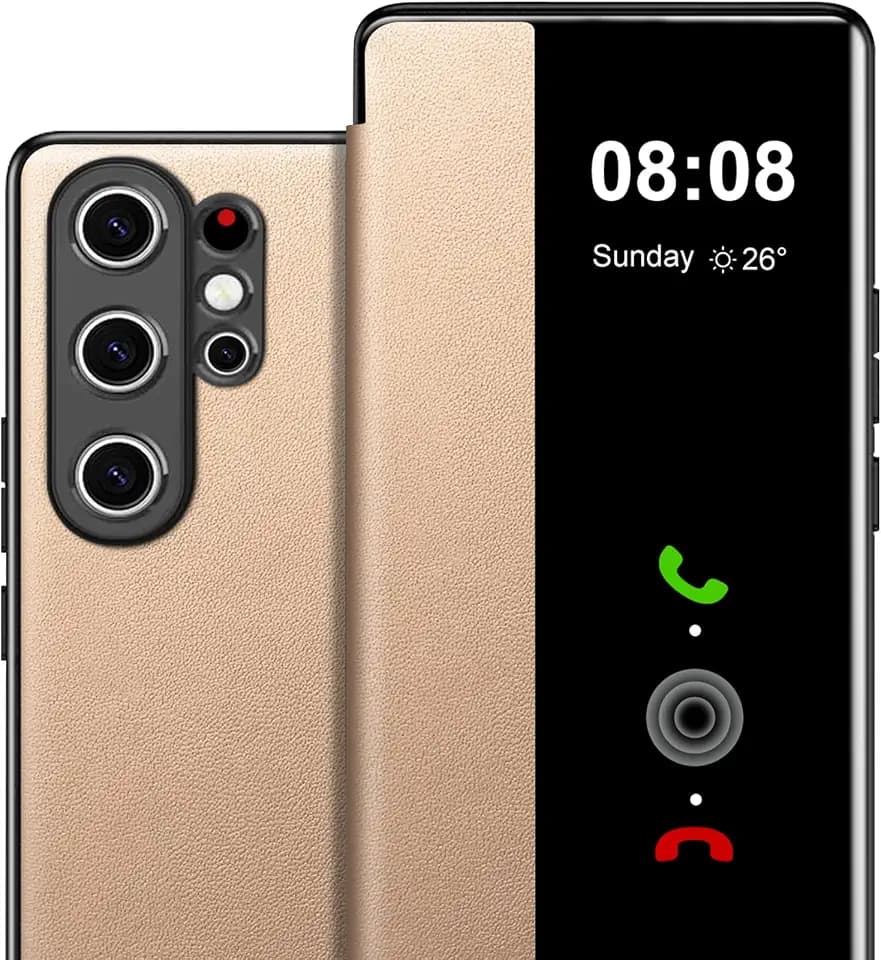 Croazhi Schutzhülle für Samsung Galaxy S26 Ultra, S-View, Klapphülle aus PU-Leder und hartem Polycarbonat, luxuriös, kratzfeste Klapphülle für Samsung S26 Ultra Smartphone (Gold)