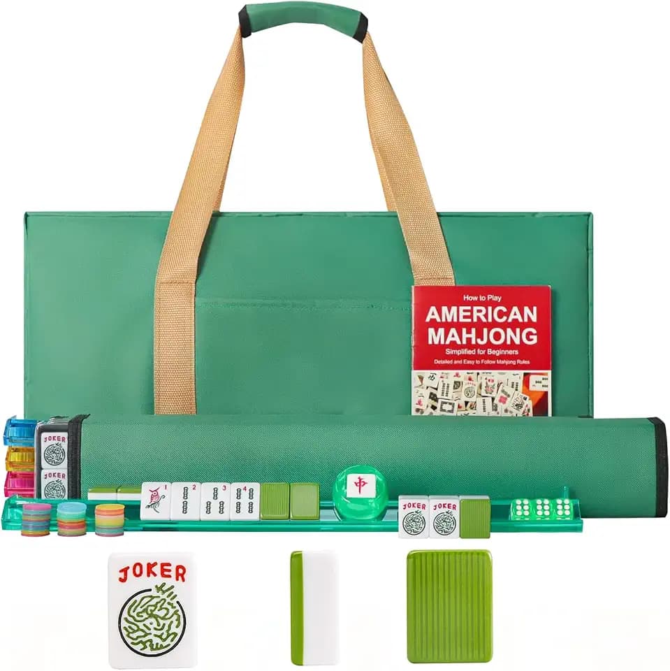American Mahjong Game Set, 166 Green Tiles, 4 All-in-One Color Rack/Pushers, Complete Mahjong Tile Set，Green Carrying Bag