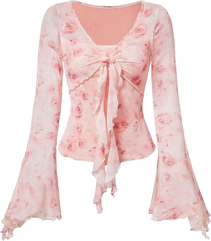Verdusa Women's Y2K Cute Bell Sleeve Floral Print Mesh Tops 2000s Clothing