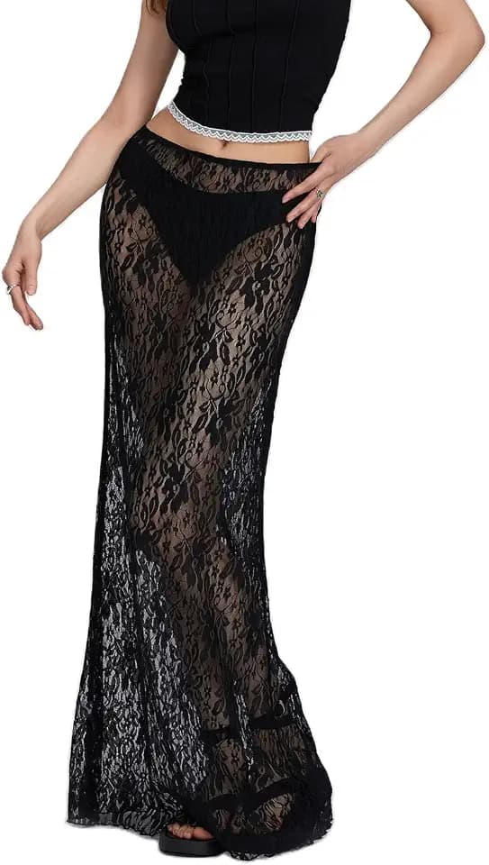 Lange Damenröcke aus Spitze Midi Röcke mit hoher Taille transparent mit Rüschensaum für Damen lange fließende Röcke aus Spitze Rock mit Schlitz sehen durch