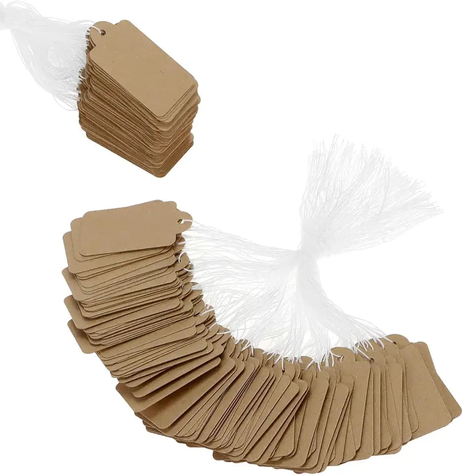 QWORK® 500 Stück Braune Papieretiketten mit Schnur, 45x25mm Leere Preisschilder, Hängeetiketten, für Schmuck- und Kleidungsauslage