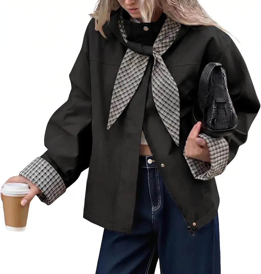 Tankaneo Womens Cropped Trench Coats Fall Jacket with Plaid Detachable Hood