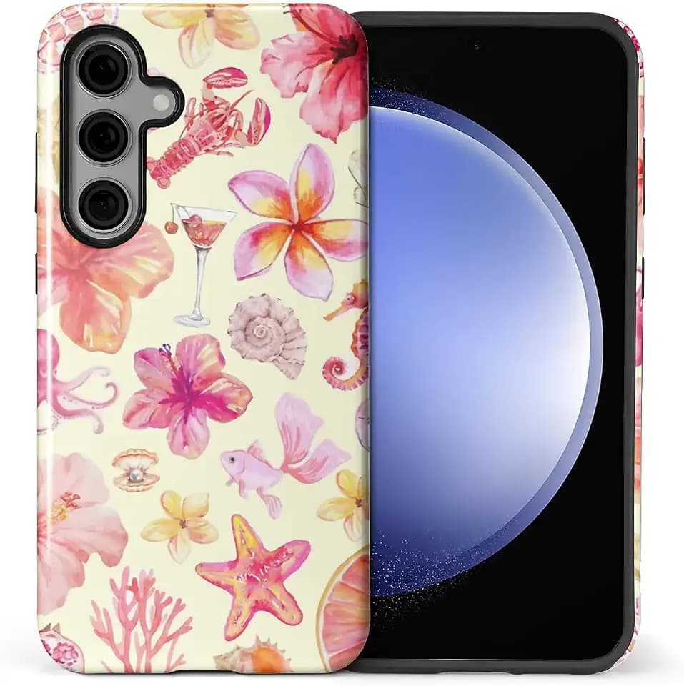 Compatible with Samsung Galaxy S25 Case - Dual-Layer Protection, Hard Shell with Silicone Interior,Slim Scratch Resistant Shockproof for Woman Men - Pink Sea Creatures Flowers