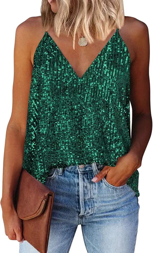miduo Womens Tanks Tops Summer Sparkle Sequin Tops V Neck Tank Top Shirts