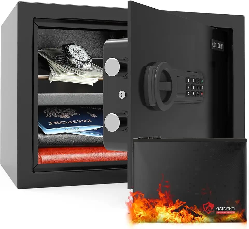Goldenkey 1.2 Cu.Ft Modern Fireproof Safe – Digital Safe with Fireproof Bag, Keypad & Key, Protects Documents, Cash & Valuables, 9.84"D x 13.78"W x 9.84"H