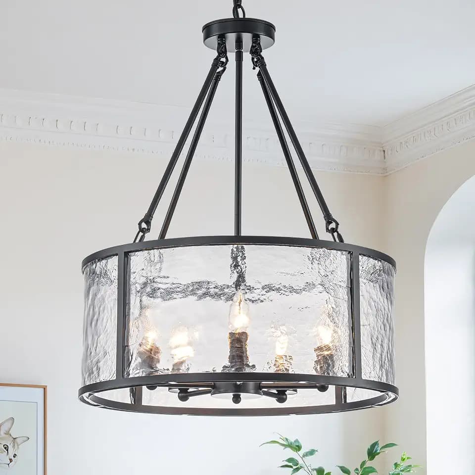 Modern 5-Light Glass Drum Chandeliers Water Textured Glass Light Fixture