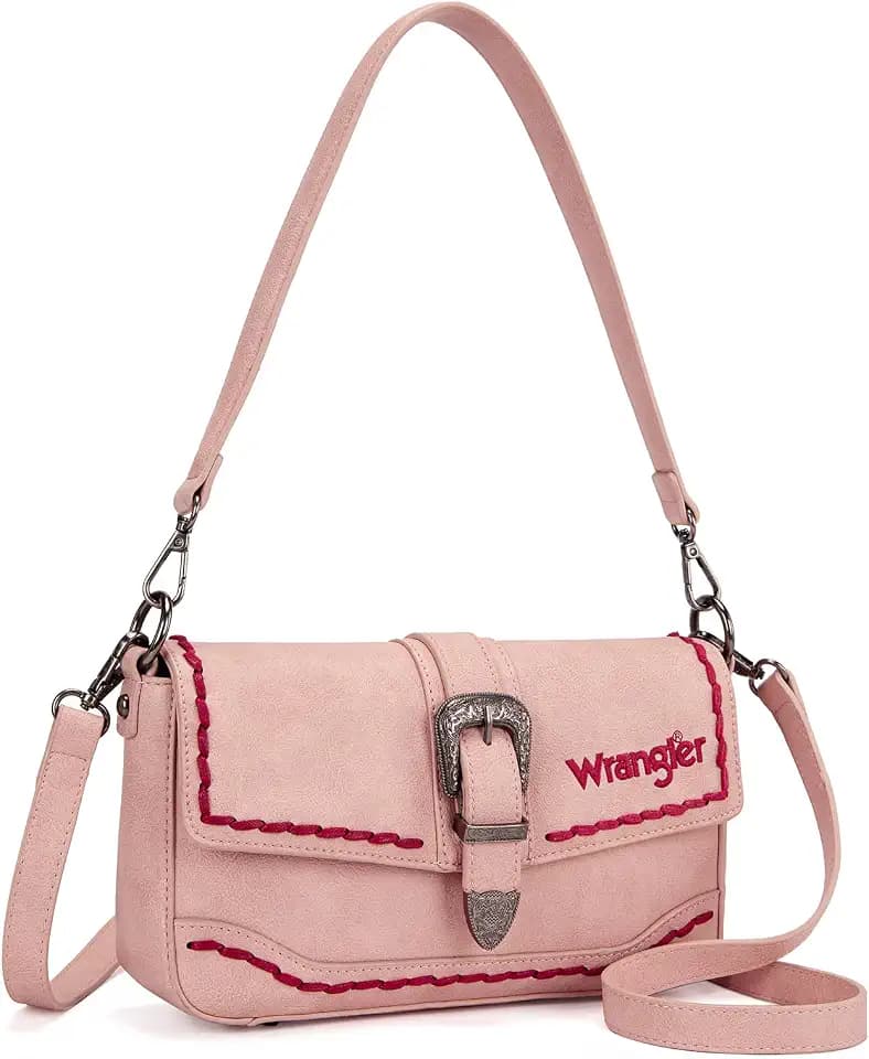 Wrangler Western Shoulder Bag for Women, Flap Crossbody Purse with Whipstitch Detail & Fringe,Vintage Cowgirl Handbag
