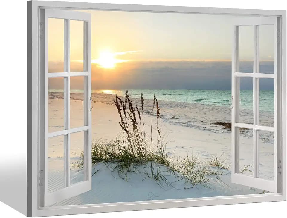 Sea Whisper Beach Painting Wall Art Canvas : 24x36 Inch Coastal Window Artwork Sunrise Picture Seascape Painting Ocean Print for Bedroom Decor