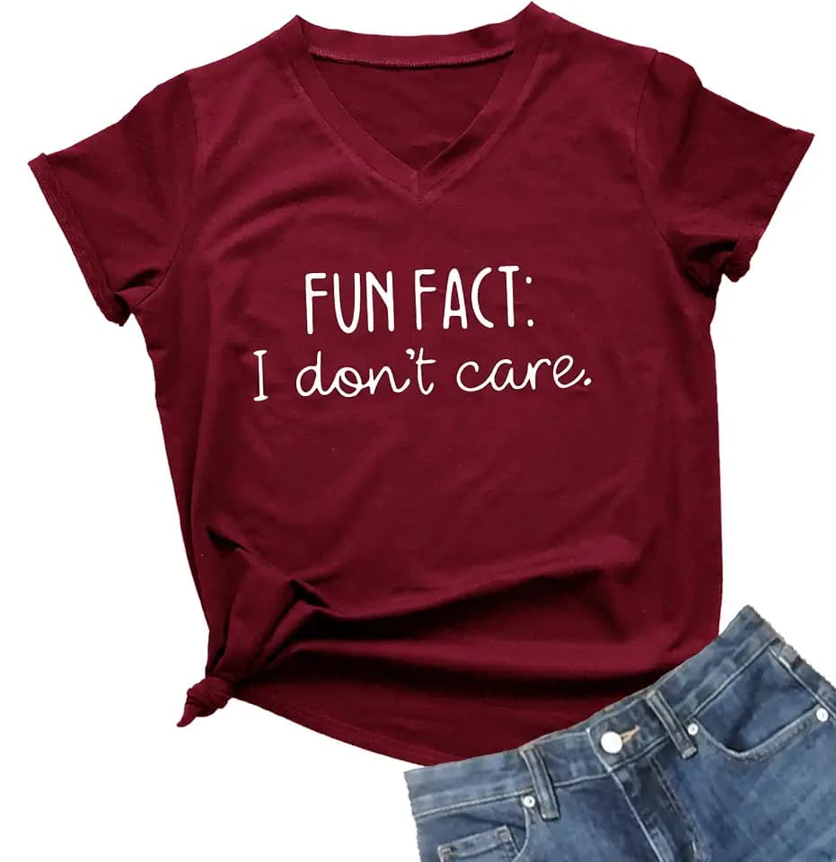 Womens V-Neck Fun Fact l Don't Care Letter Print T-Shirt Cute Funny Sayings Graphic Tees