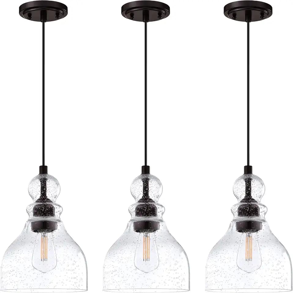 Indoor Hanging Pendant Light Oil Rubbed Bronze Farmhouse Kitchen Island Seeded Glass