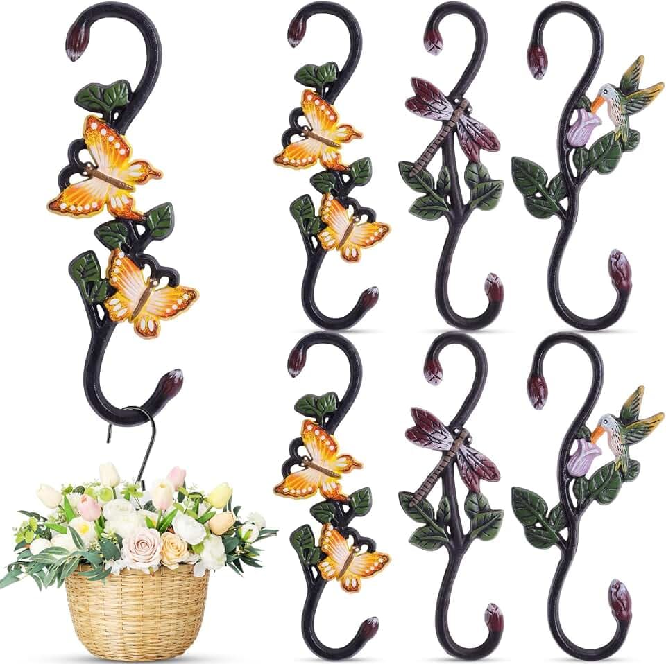 Tandefio 6 Pack Heavy Duty S Hooks Large Iron Plant Hangers for Indoor Outdoor Metal Decorative Plant Hooks for Hanging Flower Pots Baskets Bird Feeders Macrame Lantern Spring Decor (Painted)