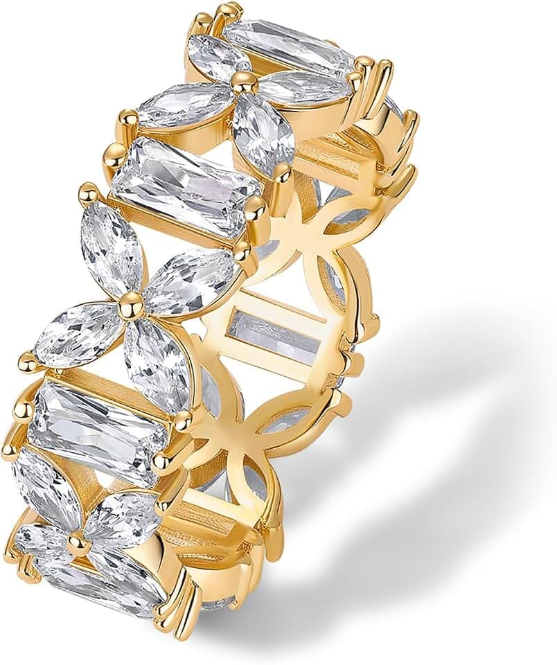 PAVOI 14K Gold Plated Marquise Eternity Rings for Women - Cubic Zirconia Chunky Stackable Wedding Ring - Statement Baguette CZ Gold Wedding Bands for Women - Promise Band Bridal Jewelry