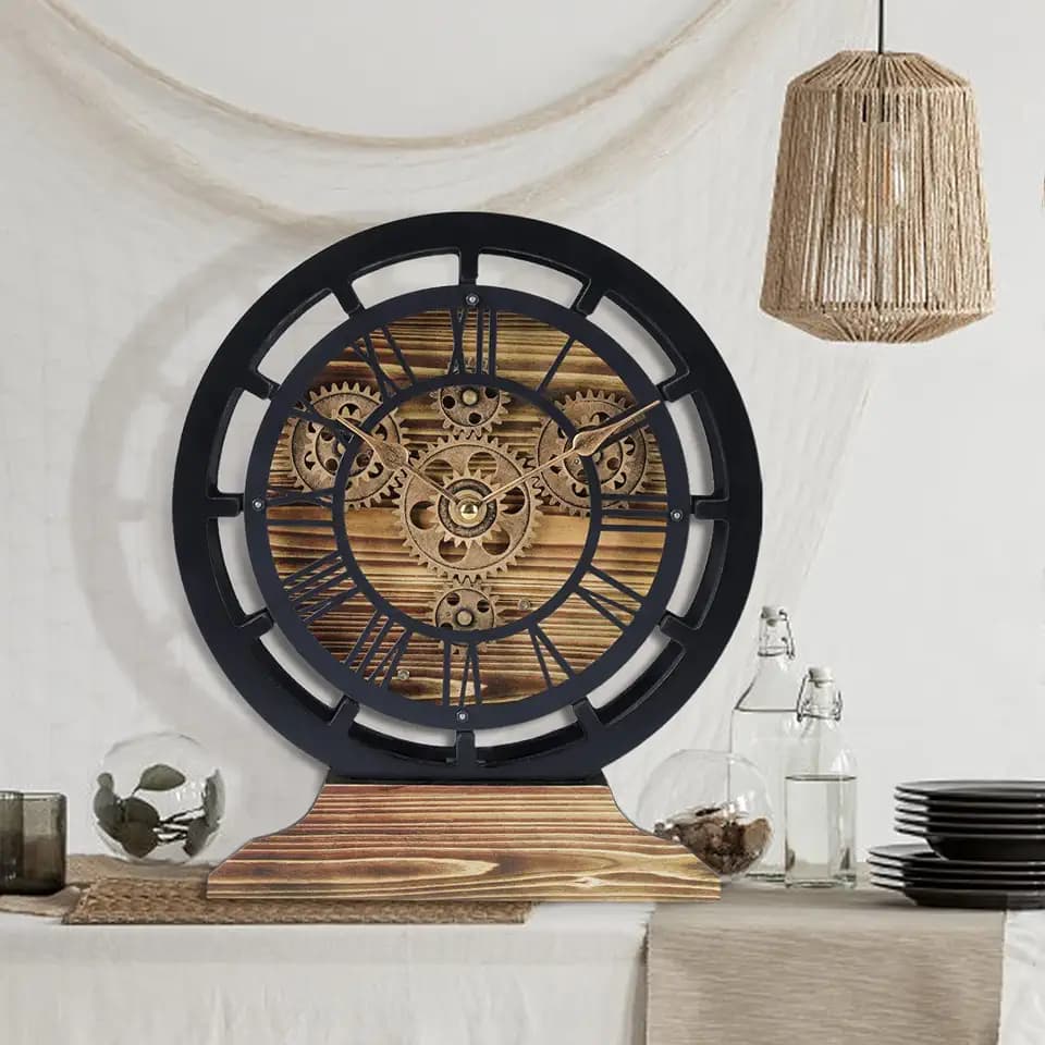 Lafocuse Tischuhren mit Beweglichen Zahnrädern, Schwarz Industrial Steampunk Vintage Holz, Umwandelbar in eine Wanduhr, Retro Romische Zahlen für Wohnzimmer Bar