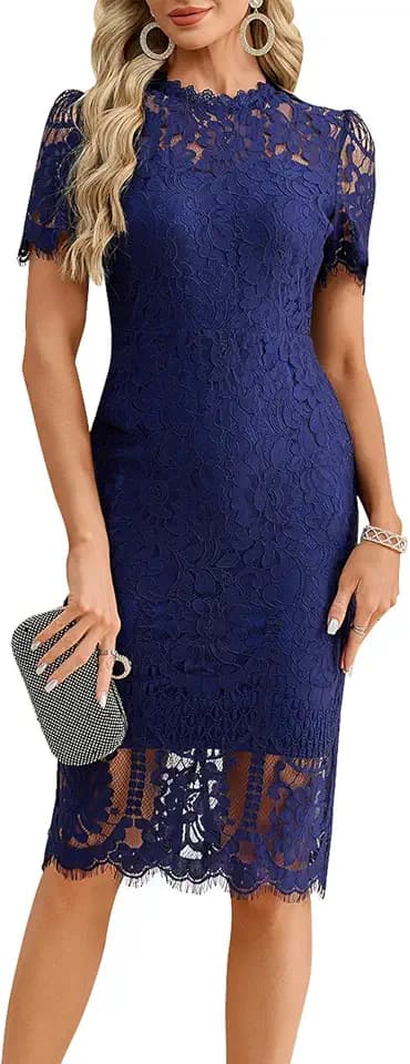 dasmzper Elegant Lace Cocktail Dress for Women – Short Sleeve Semi Formal Knee Length Bodycon Dress for Party Wedding Guest