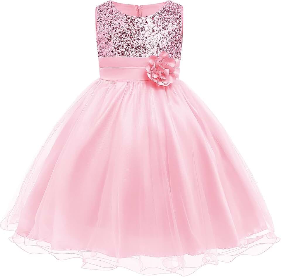 Kinder Mädchen Ärmellos Glitzer Pailletten Blumen Tütü Tüllkleid Prinzessin Kleid Blumenmädchenkleider Festliche Hochzeit Erstkommunion Taufkleid Party Einschulungs Sommerkleider Rosa 4-5 Jahre