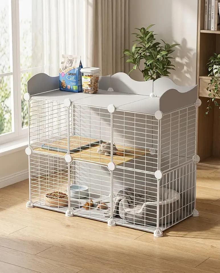 Cat Cage, DIY Cat Enclosures,Cat Playpen Indoor & Outdoor with Hammock & Cat Bowl, Detachable Metal Wire Kennel Cats Crate 42'' x 17.7'' x 31''