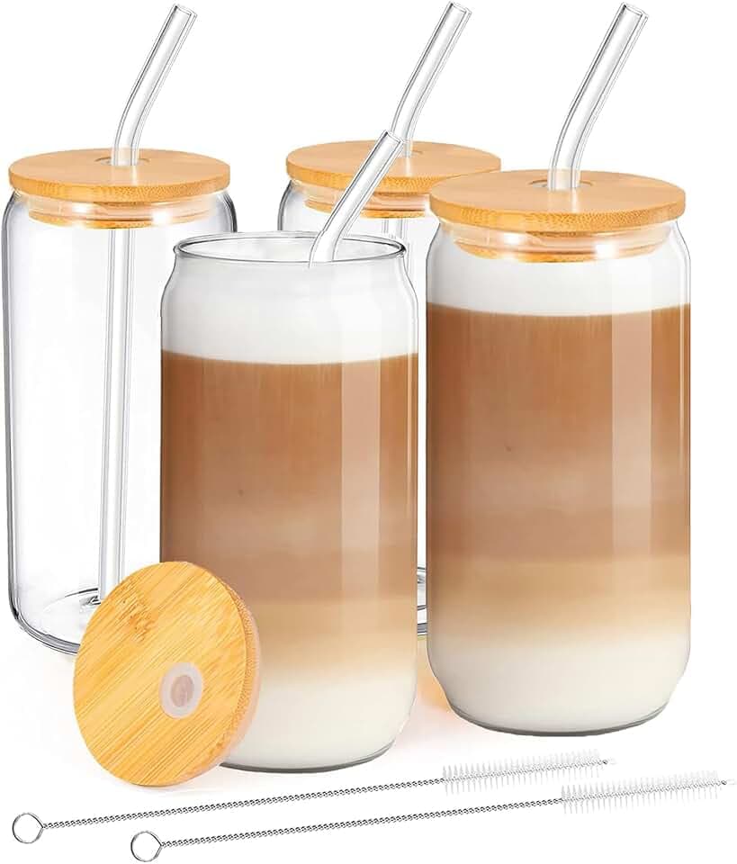 Trinkgläser mit Deckel und Strohhalm,Eiskaffee Gläser 500ml