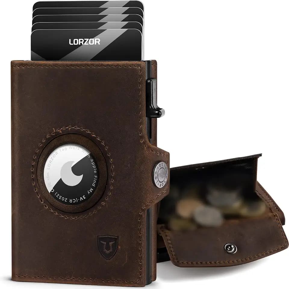 LORZOR AirTag Wallet mit XXL münzfach für 10+ Münzen, Slim Wallet AirTag, Geldbörse Herren Echtleder Portemonnaie, AirTag Portmonee Herren Geldbeutel, Kartenetui RFID schutz, Smart Wallet, Brieftasche