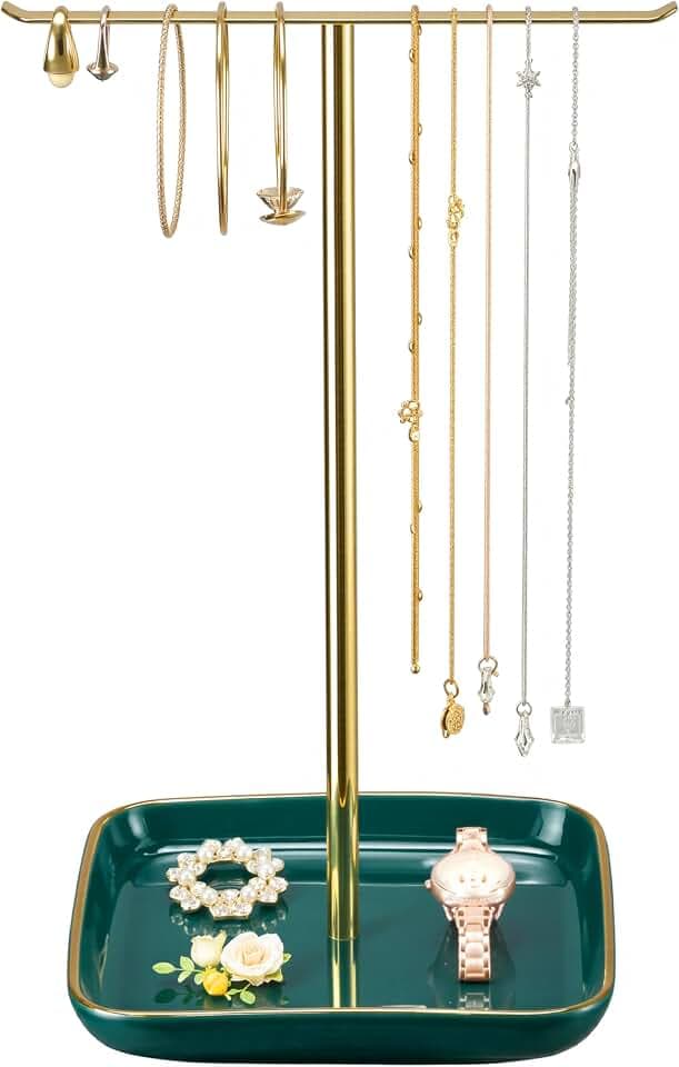 Schmuckständer mit Keramikbasis – Schmuckhalter & Schmuckaufbewahrung, T-förmiger Kettenhalter Schmuckbaum, Schmuck Organizer & Kettenständer Schmuck, Jewelry Stand Organizer für Frauen in Gold & Grün