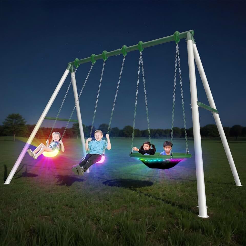 Sportspower Matterhorn LED 9.5FT Metal Swing Set for Kids and Adults with Light-Up Swings & Saucer, 600 lbs Capacity, Heavy Duty Outdoor Nighttime Playset with A-Frame & Industrial Clamp System