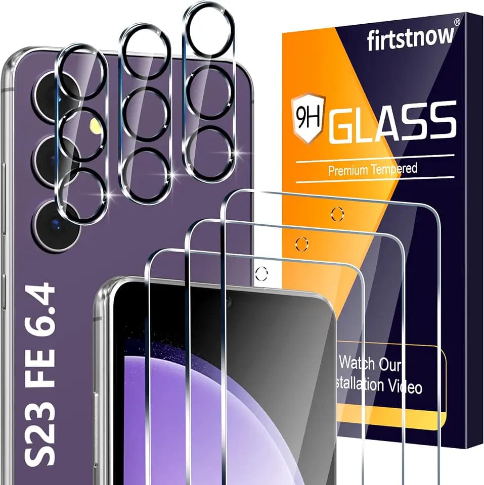 firtstnow 3 Pack for Samsung Galaxy S23 FE Screen Protector Tempered Glass + 3 Pack Camera Lens Protector, Military Grade Shatterproof, 9H Hardness, Fingerprint Unlock, Case Friendly 6.4 Inch