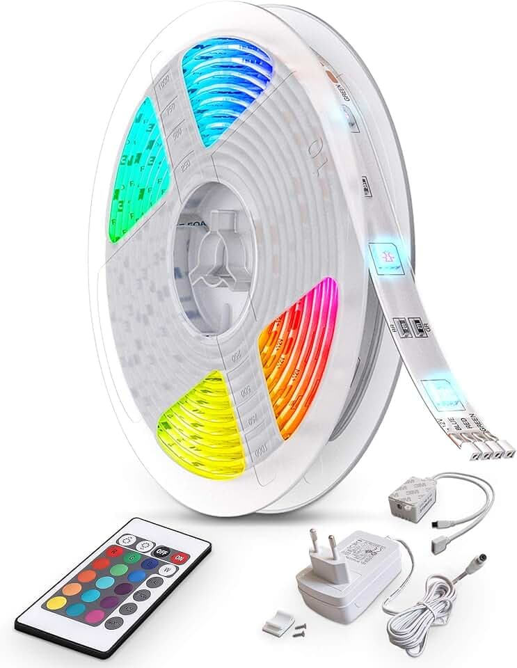 B.K.Licht - LED Strip 10m mit Fernbedienung, buntes RGB Licht, dimmbar, selbstklebend, LED Streifen, Leiste, Zimmer Deko, Gaming Deko, Band, Lichtleiste, Lichtschlauch, 1000x1x0,25 cm, Weiß