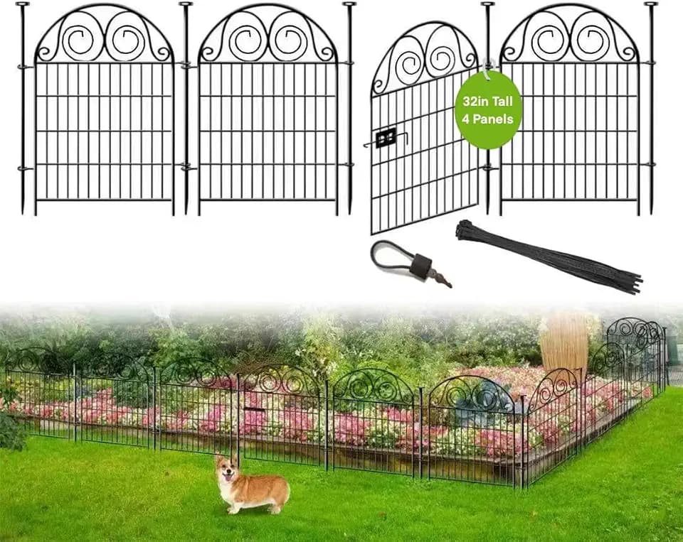 Getlay Tall Garden Fencing Animal Barrier with Gate, 32 Inch(H) 4 Panels Dog Fence Outdoor for Yard, Total Length 8.8 Ft Decorative Fence for Garden│Patented