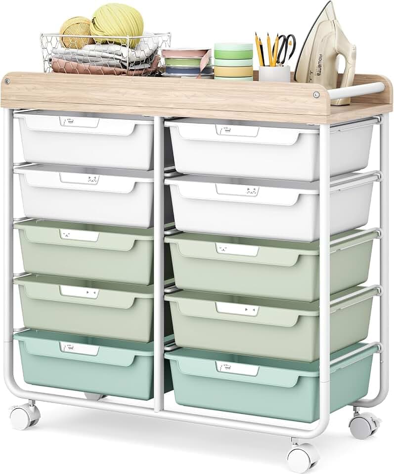10 Drawer Rolling Storage Cart with Wood Top for Classroom Crafts Green