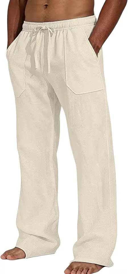Men's Cotton Linen Casual Pants Elastic Waist Drawstring Loose Straight Leg Lightweight Summer Beach Yoga Lounge Trousers