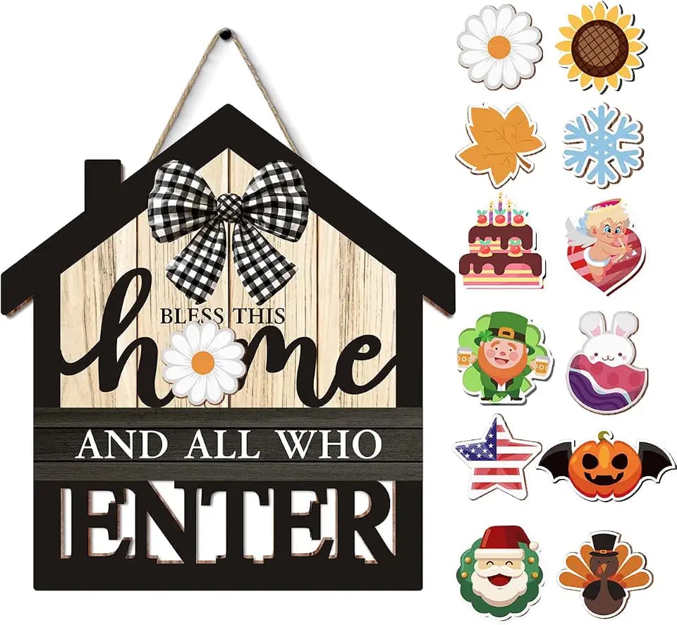 Interchangeable Seasonal Bless This Home Sign with 12 Pcs Holiday Icons