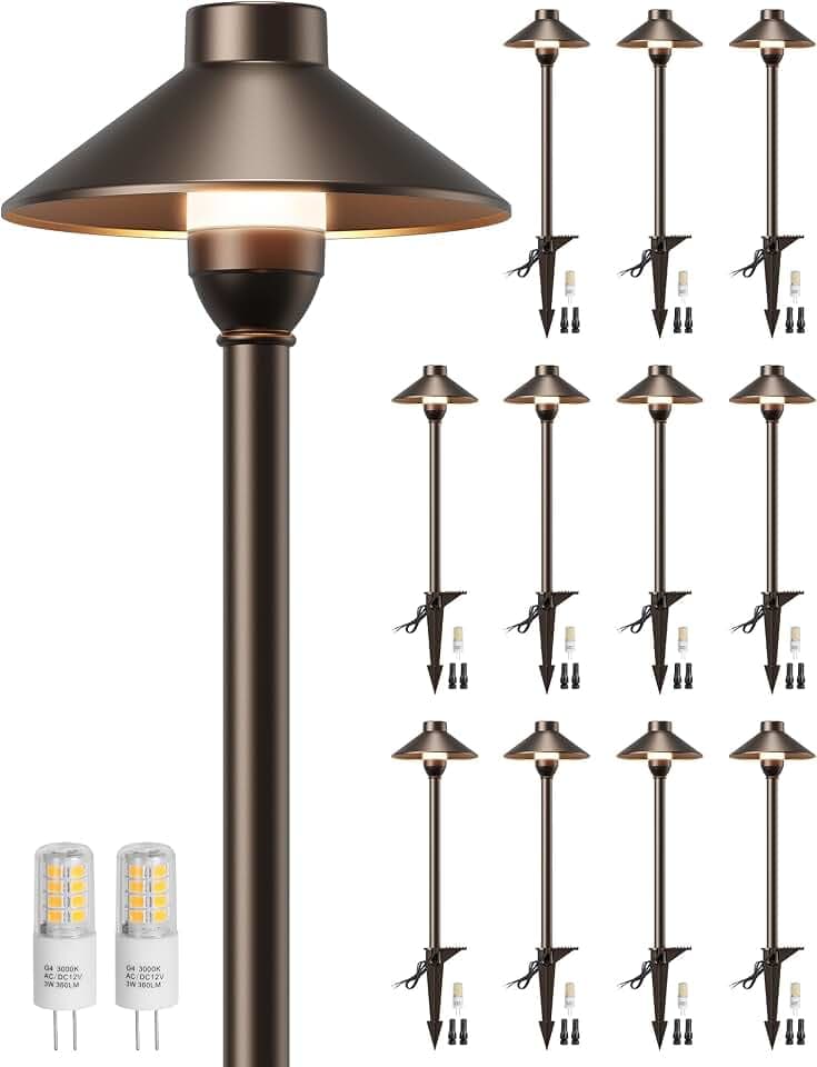 PARTPHONER Low Voltage Landscape Lighting 12-Pack, Aluminum 12V Pathway Lights with G4 Bulbs, Waterproof Oil Rubbed Bronze Color Wired Path Lights with Connectors for Walkway Yard Garden