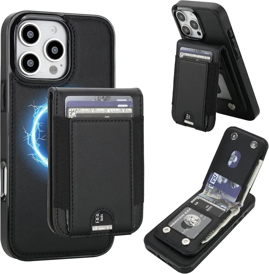 KIHUWEY 2 in 1 Detachable Wallet Case for iPhone 16 Pro Max 6.7", Compatible with MagSafe, PU Leather Magnetic Kickstand RFID Blocking Cover with Credit Card Holder, Black
