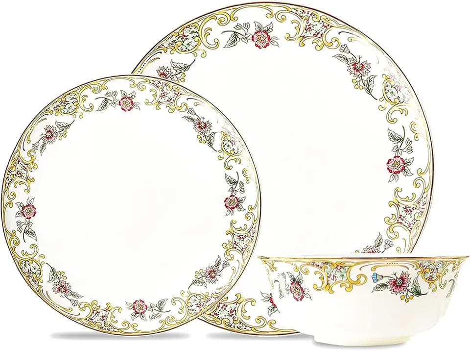 ACMLIFE Bone China Dinnerware Set for 4, 12-Piece Vintage Floral Dinnerware Set, Kitchen Plates and Bowls Set, Christmas Gifts for Women (White)