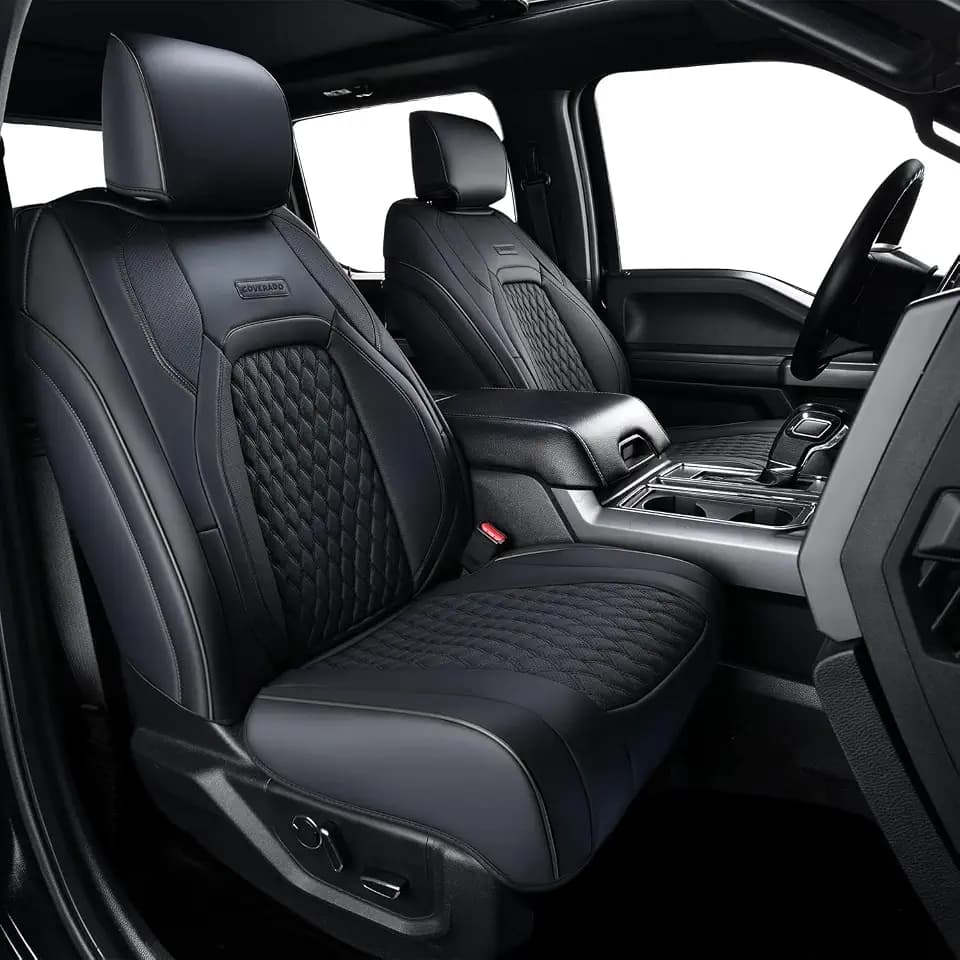 Coverado Front Seat Covers for Ford F150 2015-2026, F250 F350 F450 2017-2026 SuperCrew Crew Cab, Black Leather Car Seat Covers, Full Coverage