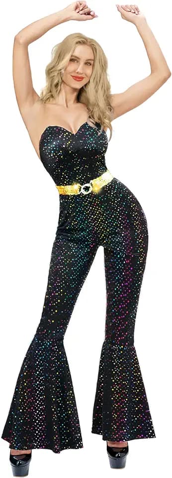 Spooktacular Creations 70er-Jahre-Disco-Kostüm für Damen, schwarzer Pailletten-Disco-Overall, Disco-Kostüm für Erwachsene mit Gürtel für Bühnenauftritt und Halloween-Verkleidungsparty S